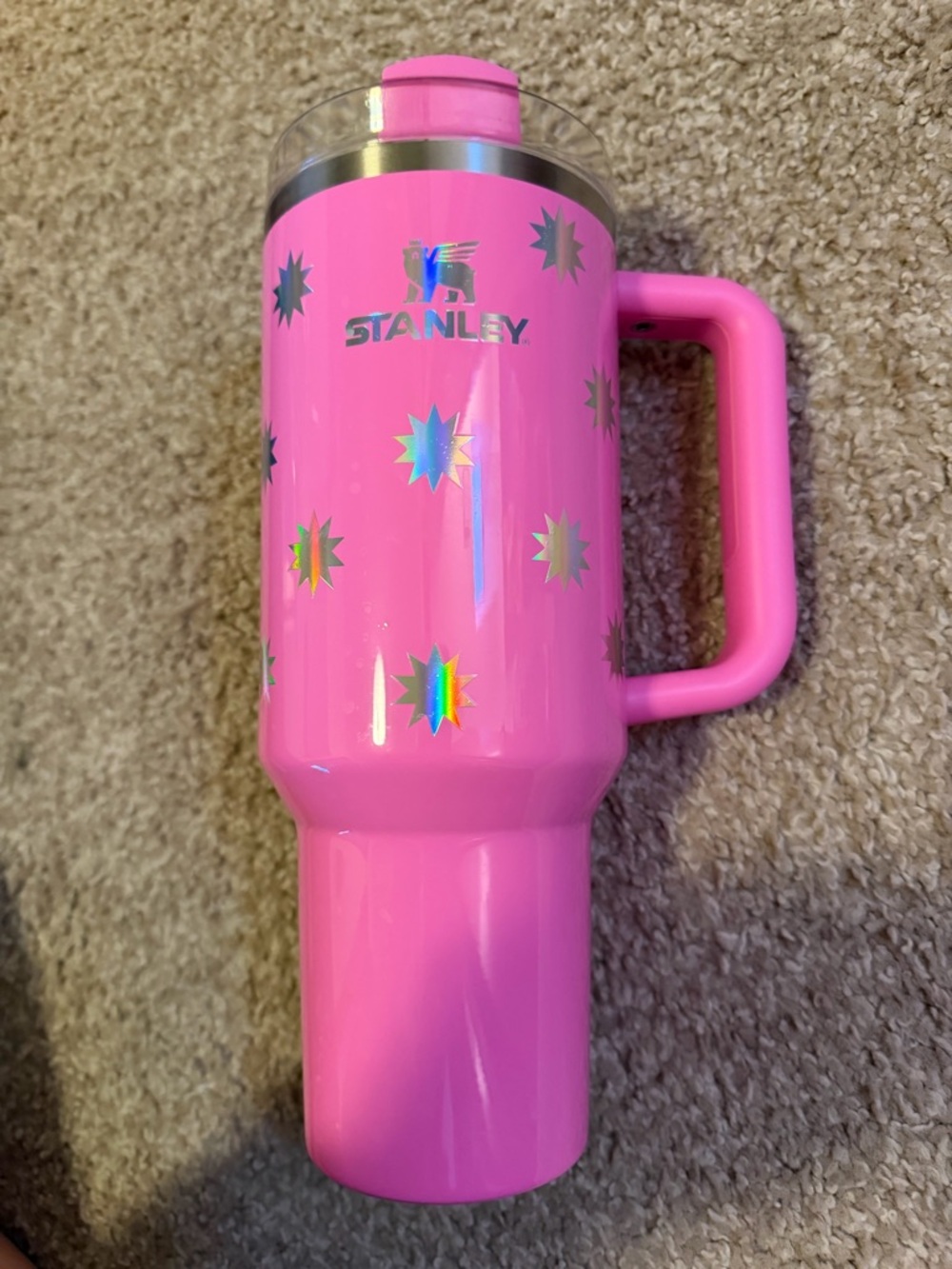 Stanley Pink Travel Tumbler with Handle and Holographic Stars - Picture 2 of 4